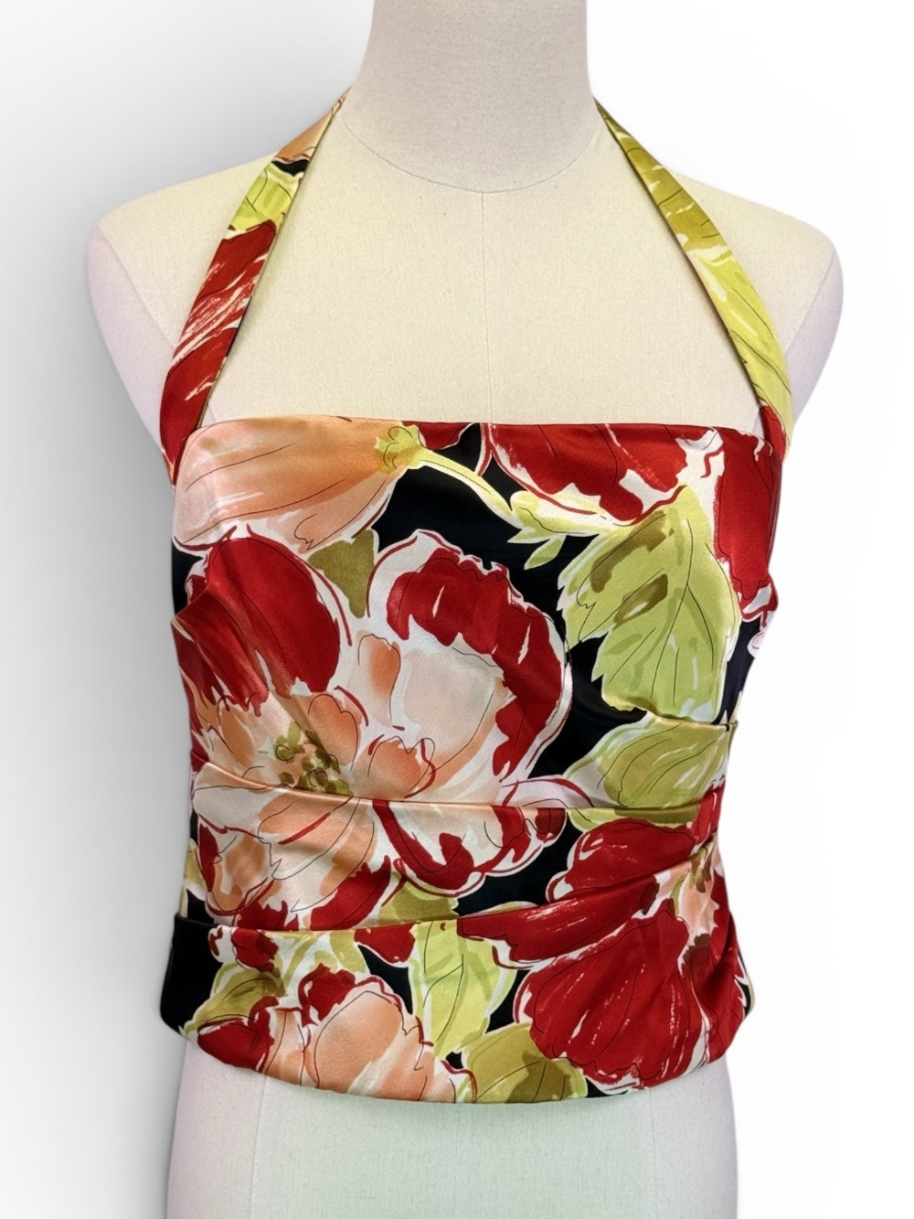 Kay Unger Vintage Silk Floral‎ Halter Top Black Inner Lining Size 10